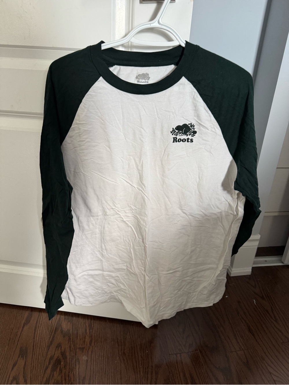 Roots White Tee with Dark Green Trim Baseball Tee